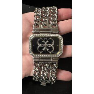 Vintage Guess Women's Watch G11644L Black Face Rhinestones Silver NEW BATTERY